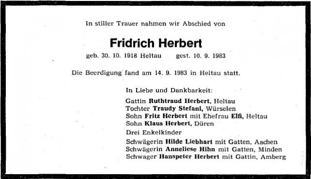 Herbert Friederich 1918-1983 Todesanzeige